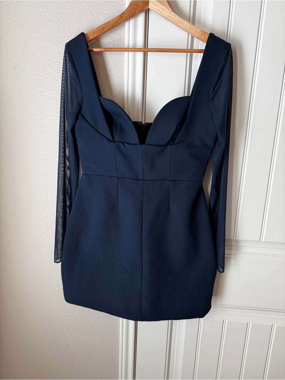House of CB Mini Dress Women L Navy Corset Bust Bodycon Sheer Long Sleeve